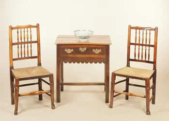 Side table and pair of spindle back chairs, Lancashire